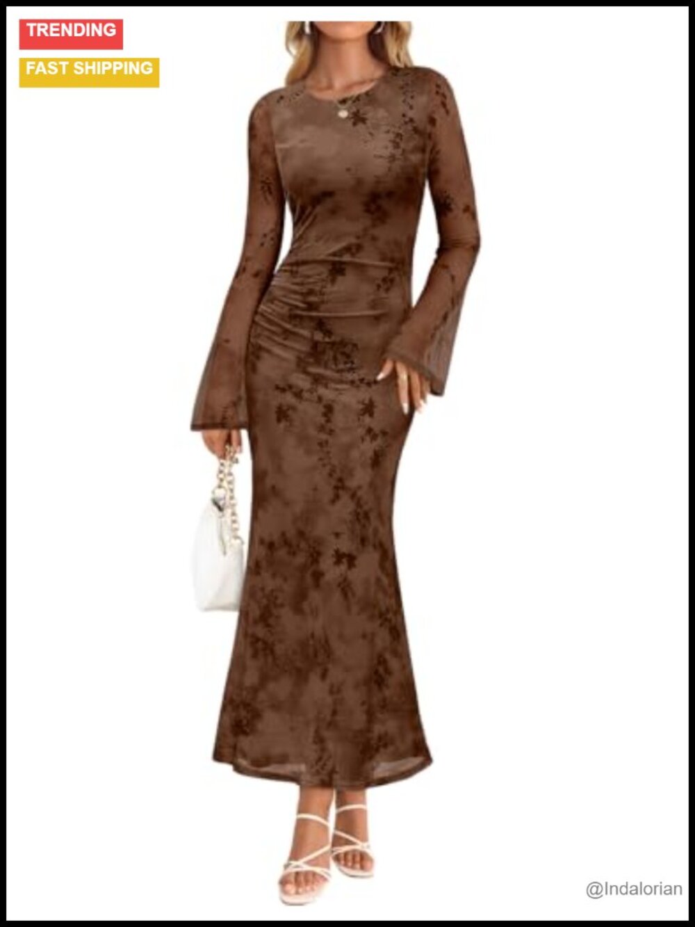 Women's Long Sleeve Floral Mesh Bodycon Ruched Maxi Formal Dress